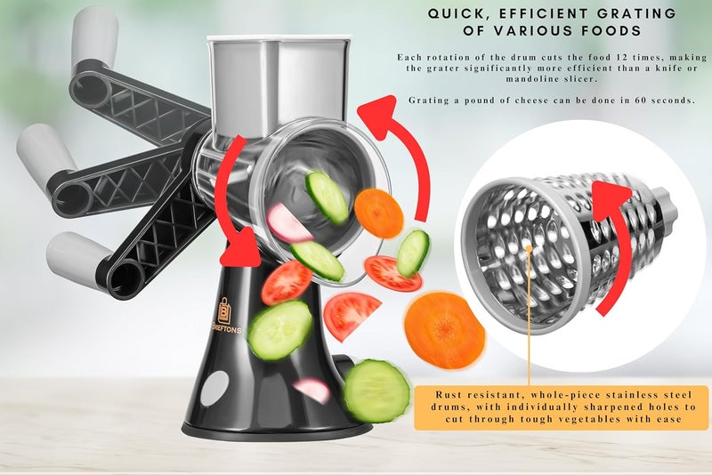 Brieftons 4-Blade Rotary Cheese Grater, Kitchen Food Cutter with Handle, Mandoline Vegetable Slicer, Nut Grinder, Hand Crank Shredder for Cheese, Vegetables, Fruits, Nuts, Easy to Use, Clean & Store - Image 3